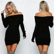 Casual Slash Neck Long Sleeve Mini Bodycon Sweater Day Dress