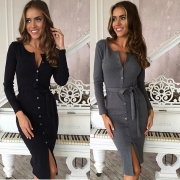 Round Neck Long Sleeve Button Bodycon Going Out Party Dress with Belt