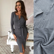 Round Neck Long Sleeve Button Bodycon Going Out Party Dress with Belt