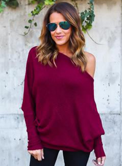 Women's Polyester Off Shoulder Batwing Sleeve Knitting Sweater stylesimo.com