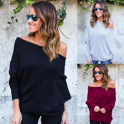 Women's Polyester Off Shoulder Batwing Sleeve Knitting Sweater stylesimo.com