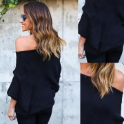 Women's Polyester Off Shoulder Batwing Sleeve Knitting Sweater
