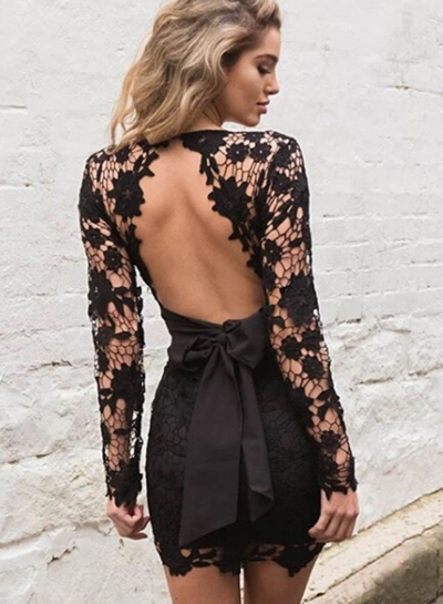 V Neck Backless Hollowed Out Crochet Bodycon Dress with Belt