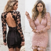 V Neck Backless Hollowed Out Crochet Bodycon Dress with Belt