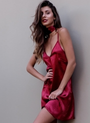 Sexy Sleeveless Spaghetti Strap V Neck Chemise Evening Party Dress