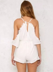 Women's V Neck Short Sleeve Off The Shoulder Tie Waist Romper