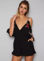 Women's V Neck Short Sleeve Off The Shoulder Tie Waist Romper