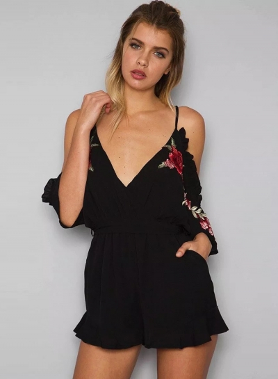 Women's V Neck Short Sleeve Off The Shoulder Tie Waist Romper YOUYOUFASHIONEC.com