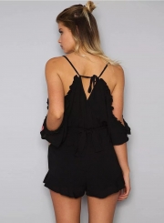 Women's V Neck Short Sleeve Off The Shoulder Tie Waist Romper