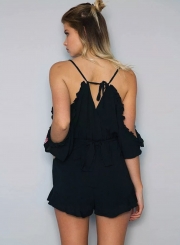 Women's V Neck Short Sleeve Off The Shoulder Tie Waist Romper