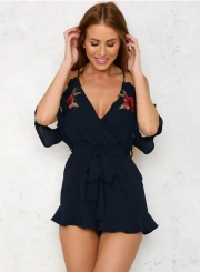 Women's V Neck Short Sleeve Off The Shoulder Tie Waist Romper