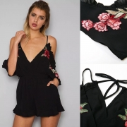 Women's V Neck Short Sleeve Off The Shoulder Tie Waist Romper
