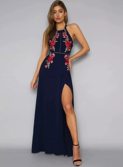 Sleeveless Halter Neck Floral Embroidery Maxi Prom Evening Dress