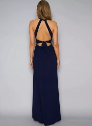 Sleeveless Halter Neck Floral Embroidery Maxi Prom Evening Dress