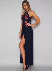 Sleeveless Halter Neck Floral Embroidery Maxi Prom Evening Dress