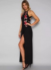 Sleeveless Halter Neck Floral Embroidery Maxi Prom Evening Dress