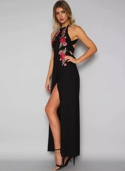 Sleeveless Halter Neck Floral Embroidery Maxi Prom Evening Dress stylesimo.com