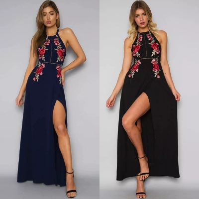 Sleeveless Halter Neck Floral Embroidery Maxi Prom Evening Dress stylesimo.com