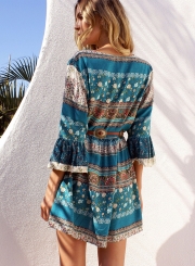 Flare Sleeve Regular Bohemia V Neck 3/4 Sleeve Going Out Dress