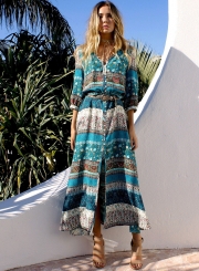 Women's Polyester Regular Bohemian 3/4 Sleeve Button Split Day Dress