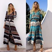Women's Polyester Regular Bohemian 3/4 Sleeve Button Split Day Dress