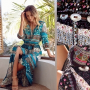 Women's Polyester Regular Bohemian 3/4 Sleeve Button Split Day Dress