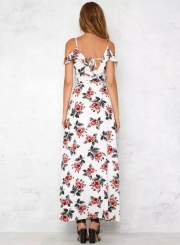Short Sleeve V Neck Floral Print Maxi Prom Evening Dress