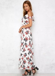 Short Sleeve V Neck Floral Print Maxi Prom Evening Dress