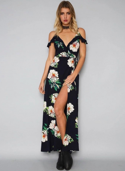 Short Sleeve V Neck Floral Print Maxi Prom Evening Dress YOUYOUFASHIONEC.com