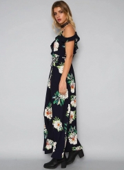 Short Sleeve V Neck Floral Print Maxi Prom Evening Dress