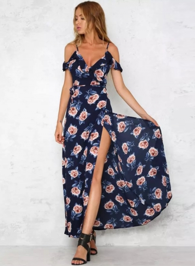 Short Sleeve V Neck Floral Print Maxi Prom Evening Dress YOUYOUFASHIONEC.com