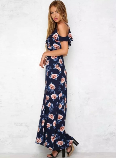 Short Sleeve V Neck Floral Print Maxi Prom Evening Dress stylesimo.com