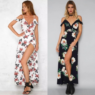 Short Sleeve V Neck Floral Print Maxi Prom Evening Dress stylesimo.com
