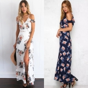 Short Sleeve V Neck Floral Print Maxi Prom Evening Dress