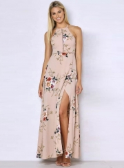 Sleeveless Polyester Halter Neck Floral Print Maxi Day Going Out Dress
