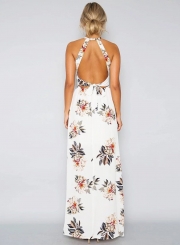Sleeveless Polyester Halter Neck Floral Print Maxi Day Going Out Dress