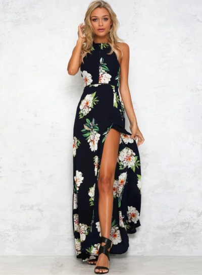 Sleeveless Polyester Halter Neck Floral Print Maxi Day Going Out Dress STYLESIMO.com