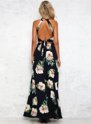 Sleeveless Polyester Halter Neck Floral Print Maxi Day Going Out Dress