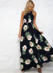 Sleeveless Polyester Halter Neck Floral Print Maxi Day Going Out Dress