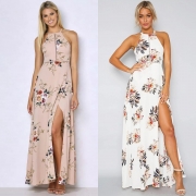 Sleeveless Polyester Halter Neck Floral Print Maxi Day Going Out Dress