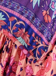Women's Fashion Polyester Boho Tie Neck Long Sleeve Pleated Day Dress