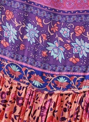 Women's Fashion Polyester Boho Tie Neck Long Sleeve Pleated Day Dress