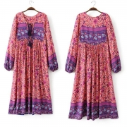 Women's Fashion Polyester Boho Tie Neck Long Sleeve Pleated Day Dress
