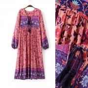 Women's Fashion Polyester Boho Tie Neck Long Sleeve Pleated Day Dress