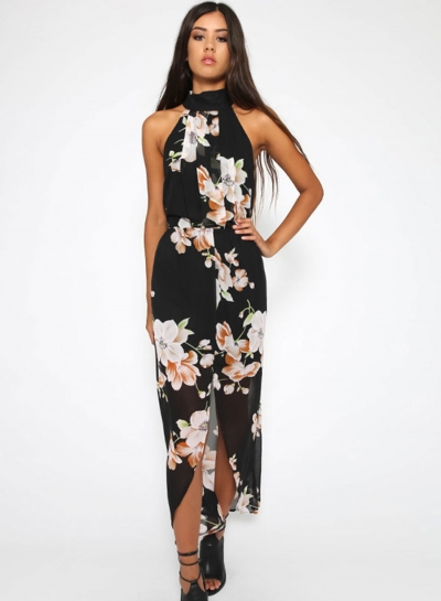 Fashion Polyester Halter Neck Sleeveless Floral Printed Slit Maxi Day Dress