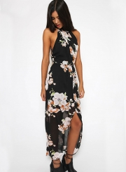 Fashion Polyester Halter Neck Sleeveless Floral Printed Slit Maxi Day Dress