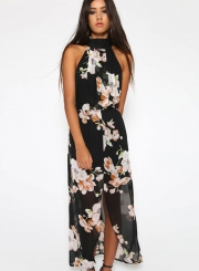 Fashion Polyester Halter Neck Sleeveless Floral Printed Slit Maxi Day Dress
