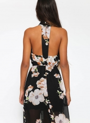 Fashion Polyester Halter Neck Sleeveless Floral Printed Slit Maxi Day Dress