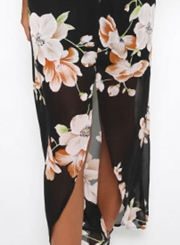 Fashion Polyester Halter Neck Sleeveless Floral Printed Slit Maxi Day Dress