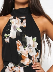Fashion Polyester Halter Neck Sleeveless Floral Printed Slit Maxi Day Dress